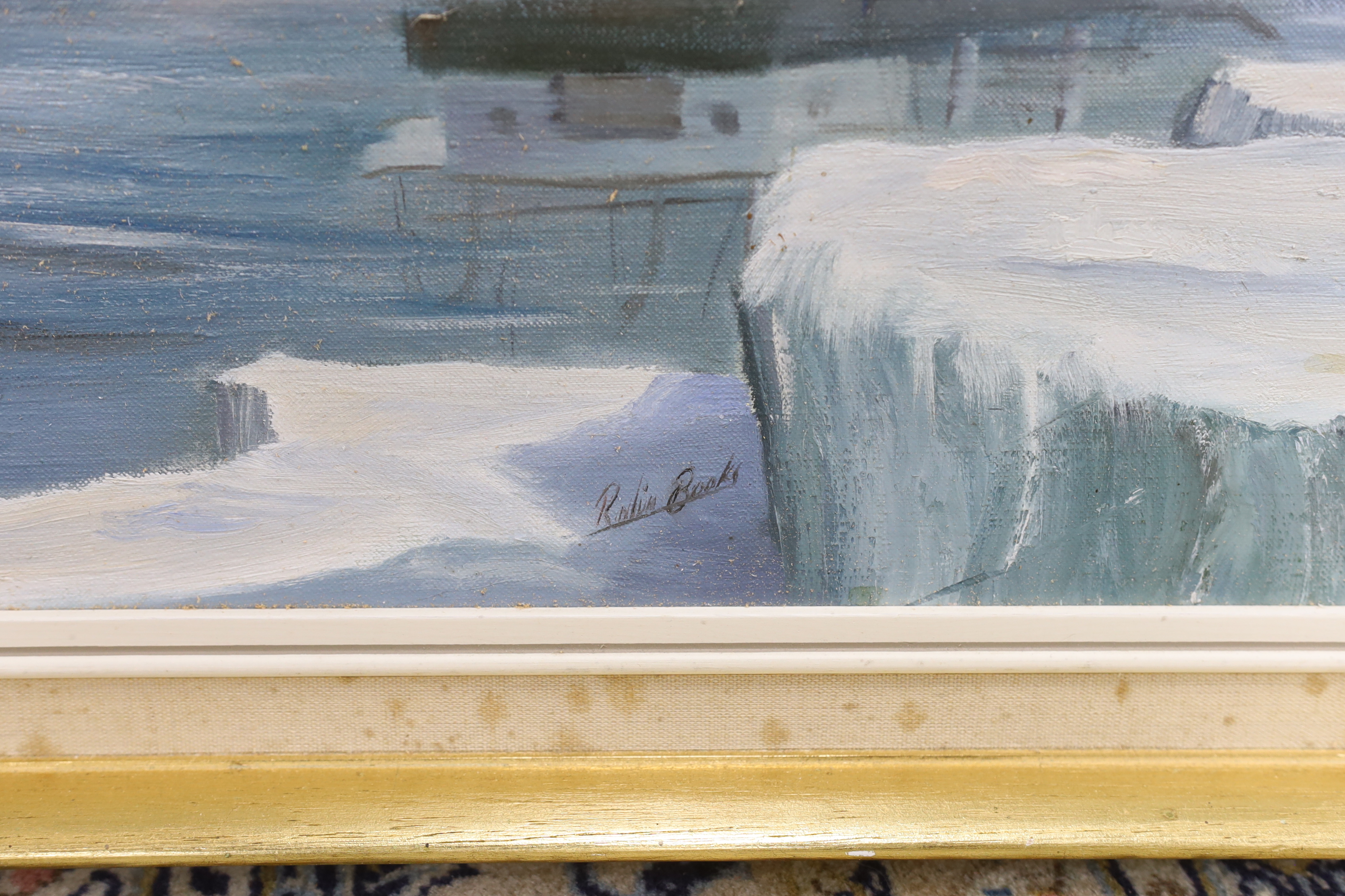 Robin Brooks (b.1943) oil on canvas, American sailing ships in icy waters, signed, 59 x 90cm